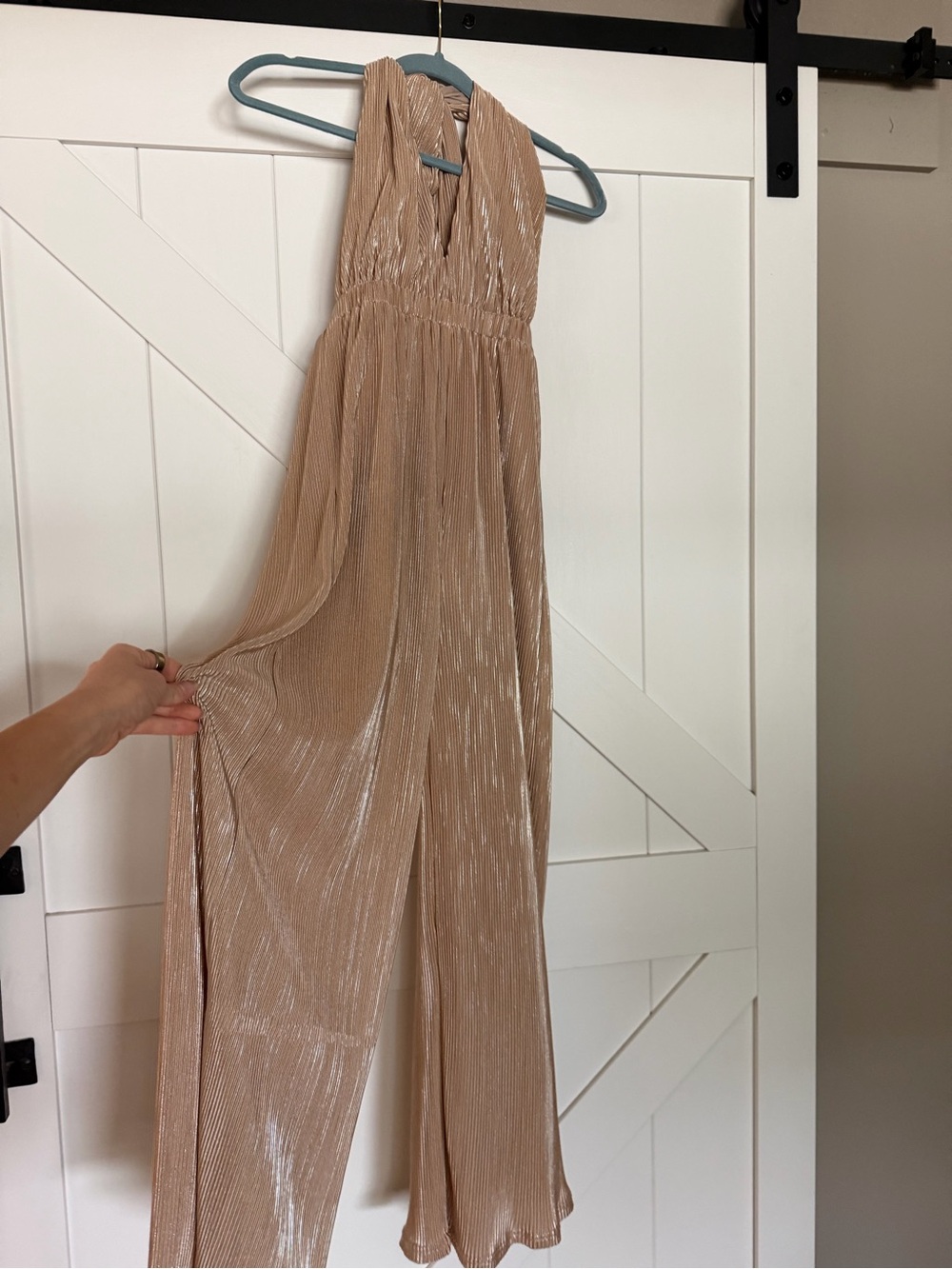 Metallic Halter Wide-Leg Jumpsuit in Champagne